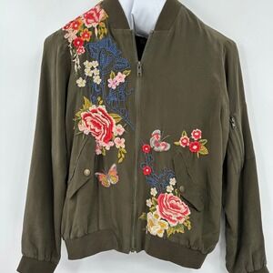 Johnny Was SILK Olive Green Embroidered Floral Bomber Jacket‎ Womens Size XS